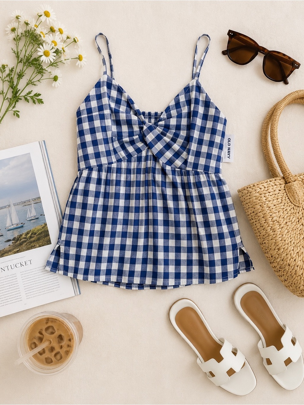 NWT Old Navy Blue Gingham Twist Front Cami Tank Top Small Cottagecore